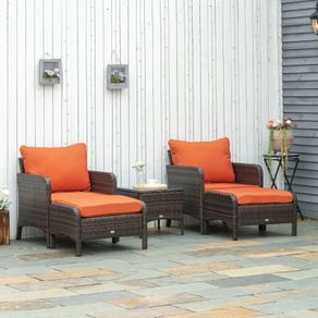 5 Pieces PE Rattan Garden Furniture Set - With 10cm Thick Padded Cushions, Wicker Weave Outdoor Seating Chairs Including 2 Armchairs, 2 Stools, and Glass Top Table, Brown