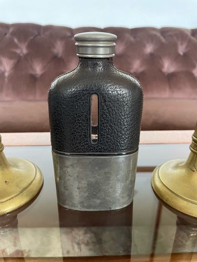 Edwardian Pewter Glass and Leather Gentlemans Hip Flask