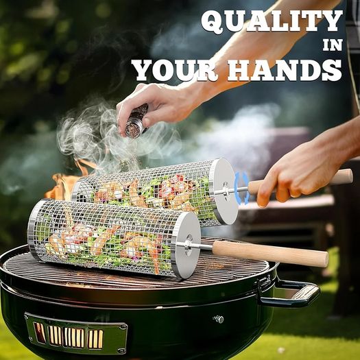 Removable Wooden Handle, 304 Stainless Steel, Nesting Grilling Net, BBQ Accessories Tools for Vegetables Shrimp, Outdoor Cooking Camping, Birthday Gifts for Men Dad Husband