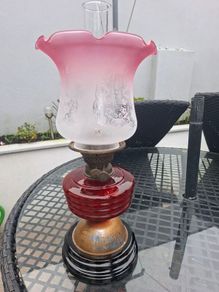 Beautiful Antique Victorian British made Cranberry Oil Lamp