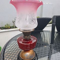 Beautiful Antique Victorian British made Cranberry Oil Lamp