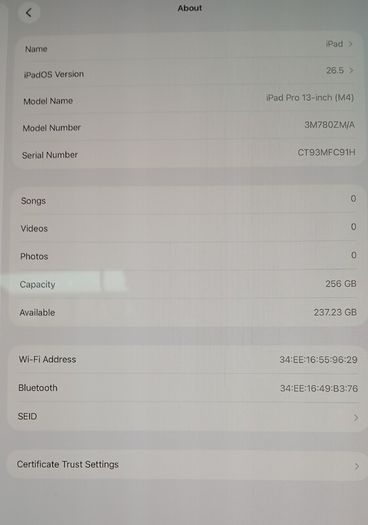Apple iPad Pro 13" M4 (A2925) 256GB 2024 - Space Black, WiFi maximum capacity 100% cycle count 132
