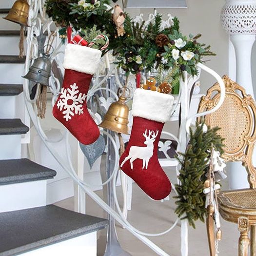 Large Christmas Stocking Set of 4, 18 Inch Red Christmas Stockings with Reindeer and Plush Faux Fur Cuff Hanging Stockings for Family Holiday Xmas Party Decorations
