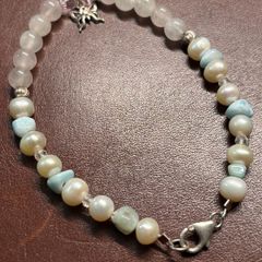 Larimar and Pearl silver bracelet with butterfly pendant
