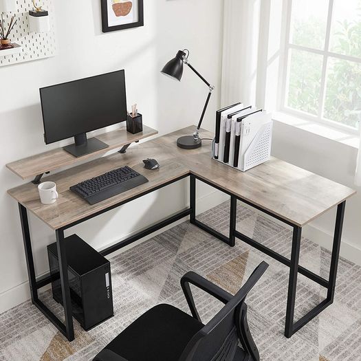L-Shaped Desk, Corner Table with Monitor Stand, for Studying, Playing, Working, Space Saving, Adjustable Feet, Metal Frame, Easy Assembly, Taupe and Black