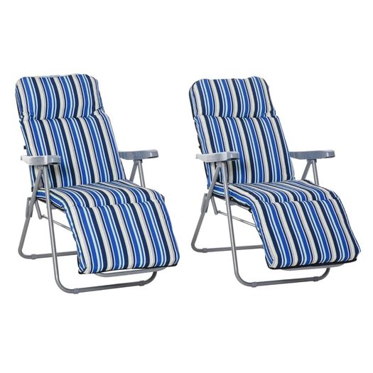 Set of 2 Outdoor Reclining Garden Sun Lounger with Cushioned Seat Foldable Adjustable Recliner Blue and White