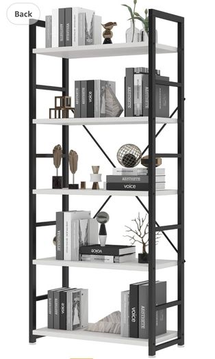 Industrial Bookshelf, 5-Tier 24.8" White Shelving Unit Wood Bookcase with Open Shelves, Rustic Standing Bookshelves Metal Frame Display Rack for Living Room,Bedroom, White