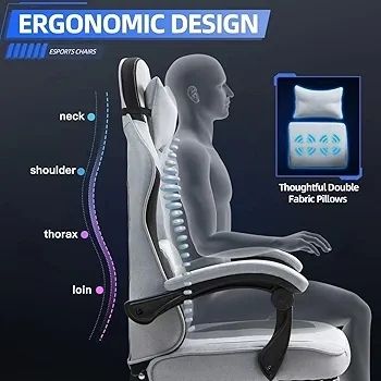 Fabric Massage Gaming Chair, Ergonomic Computer Chair, Video Game Chair, Massage Office Chair, Desk Swivel Chair, Adjustable, Reclining, Footrest, Massage Cushion, Fabric Material, Grey, New
