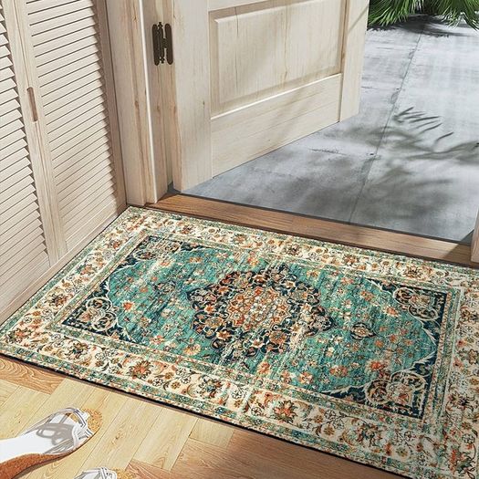 Washable Rugs Small Non Slip Area Rugs for Bedroom Vintage Boho Rug Soft Short Pile Rug Machine Washable Rugs Living Room Indoor Entry Floor Rug Non Shedding Dense 60x110CM Rugs Blue