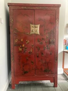 Red Lacquered Chinese Wedding Cabinet / Wardrobe