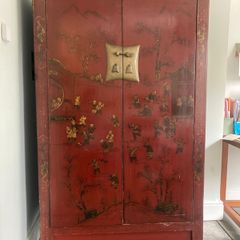 Red Lacquered Chinese Wedding Cabinet / Wardrobe