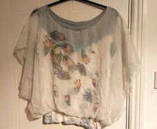 Sheer Feather Print Batwing silk Blouse Size M L