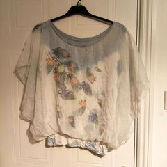 Sheer Feather Print Batwing silk Blouse Size M L