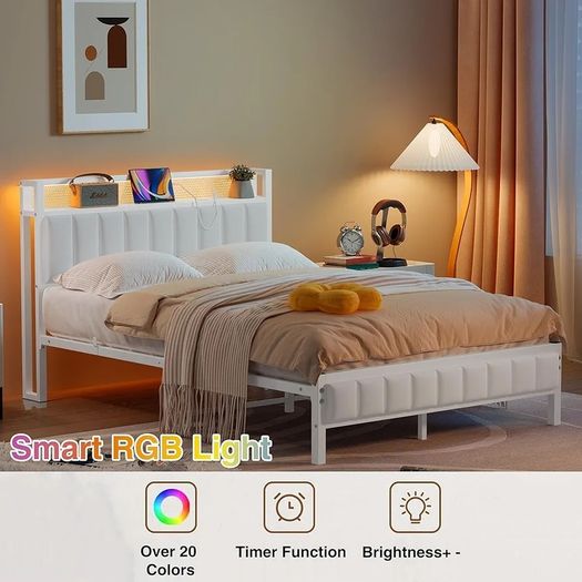 Double Bed Frame with Storage Upholstered Headboard,LED Lights,4ft6 Heavy Duty Metal Bed Frame Double Beds with Charging Station,No Box Spring Needed,Strong Steel Slats Support,White Velvet