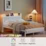 Double Bed Frame with Storage Upholstered Headboard,LED Lights,4ft6 Heavy Duty Metal Bed Frame Double Beds with Charging Station,No Box Spring Needed,Strong Steel Slats Support,White Velvet Image 5