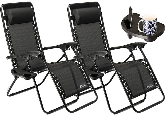Set of 2 Sun Lounger Garden Chairs With Cup And Phone Holder - Deck Folding Recliner Zero Gravity Outdoor Chair MULTIPLE COLOURS AVAILABLE (FREE POSTAGE)