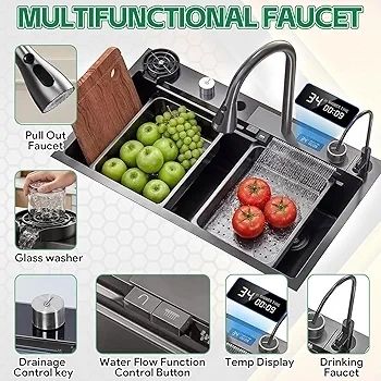 Drop-in Waterfall Sink Workstation with Faucet Combo and Cup Washer, 26.7" x 17.6" x 7.9" Stainless Steel Waterfall Bowl, Modern Smart Undermount Kitchen Unit, for Household Use, Gun Grey