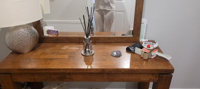 Walnut console table and mirror