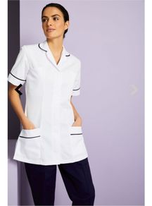 Simon Jersey Essentials Women's White Healthcare Tunic, navy trim, size 18, BNWT