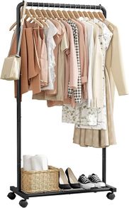 Clothes Rail - Movable Clothes Rack with Bottom Shoes Shelf, Heavy-Duty Clothing Rail for Hanging Clothes, Coats, Dresses, Clothes Rail for Bedroom, Closet, Laundry (Black,