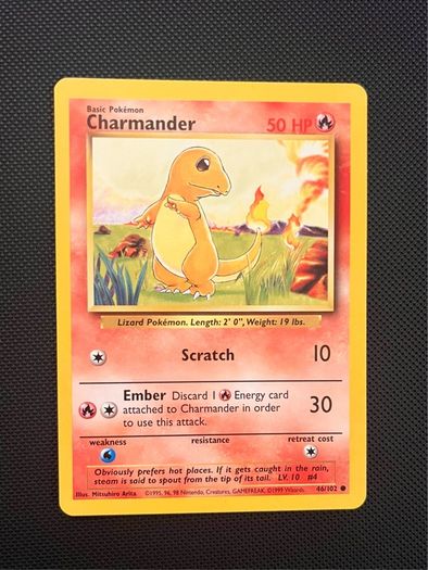 Vintage Pokemon Card Charmander 46/102 Base Set WOTC 1999