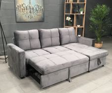 Grey velvet Corner Sofa Bed with Storage 215cm