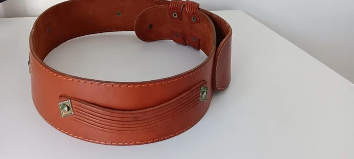 Thick Curved Brown Leather Belt with Studs