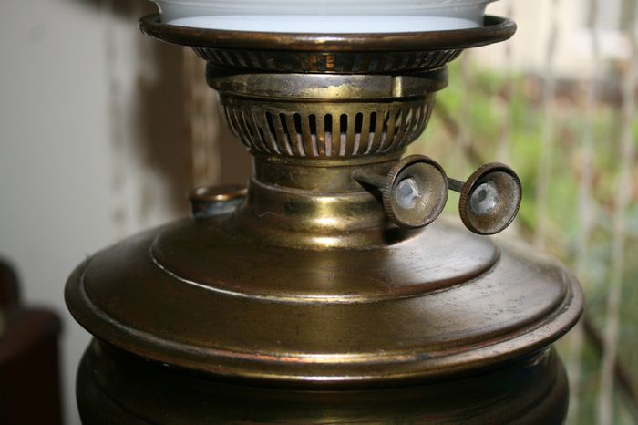 Vintage 1800s Oil Lamp Converted To Electric Oil Gwtw Table Lamp With Milk Glass Shade H-22"