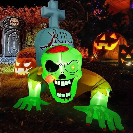 SEASONAL SALE Halloween Inflatable Crawling Green Ghost with Tombstone, Built-in LED Lights, Inflatable LED Lights Blow Up Yard Decoration