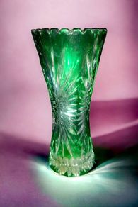 Green cut crystal vase
