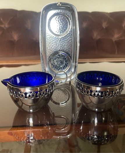 Vintage Silver Chromed Metal Cobalt Blue Glass Sugar and Creamer Set Serving Tray