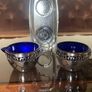 Vintage Silver Chromed Metal Cobalt Blue Glass Sugar and Creamer Set Serving Tray Image 8
