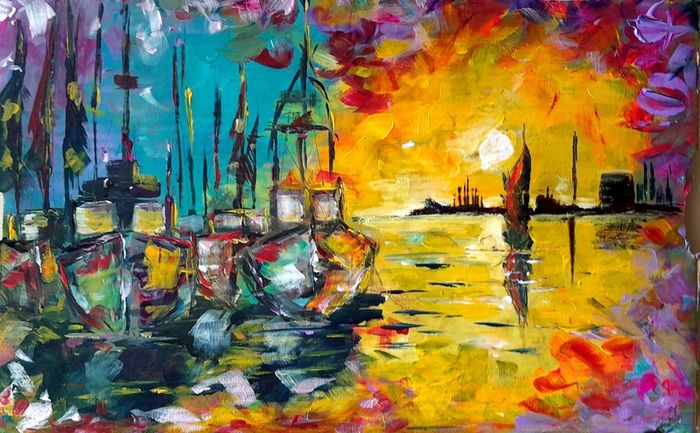 "Marina 2" Acrylic on 15 x  23 inch sealed caedboard. Varnished.  Original.