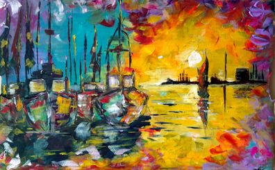 "Marina 2" Acrylic on 15 x  23 inch sealed caedboard. Varnished.  Original.