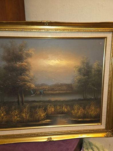 Vintage Oil on Canvas Landscape Ducks in Flight - Signed and Framed