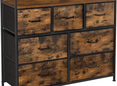 Fabric Dresser, Storage Cabinet, with 7 Drawers, 3 Tiers, with Metal Handles, Industrial Style, Rustic Brown and Black