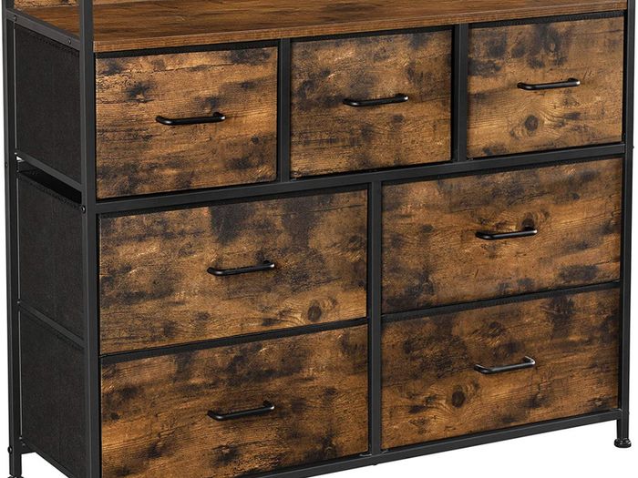 Fabric Dresser, Storage Cabinet, with 7 Drawers, 3 Tiers, with Metal Handles, Industrial Style, Rustic Brown and Black