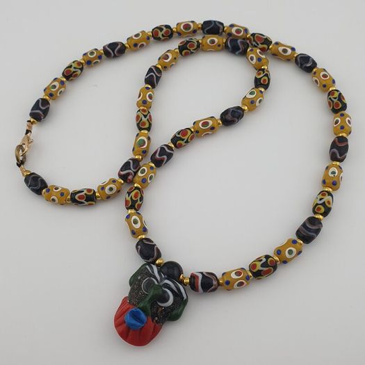 Vintage Venetian style Eyes Glass & Old Face Pendant Glass Beads Necklace