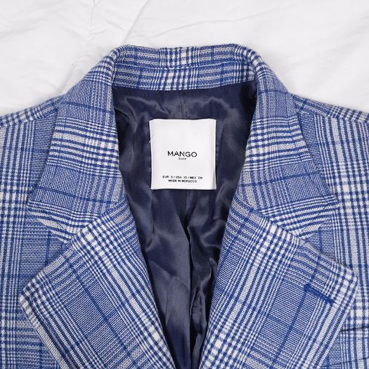 Mango Blue White Checked Plaid Double Breasted Blazer Coat Overcoat Size S