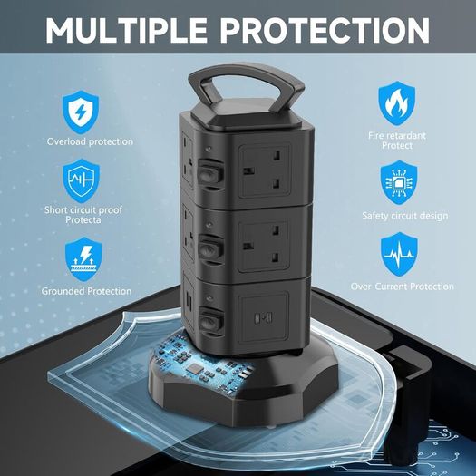 Tower Extension lead 2M, 10 Way (13A 3000W) Surge Protected Extension Sockets with 2 USB C and 2 USB A, Multi Plug Socket with 3 Independent Switches,Power Strip for Home, Office, Kitchen