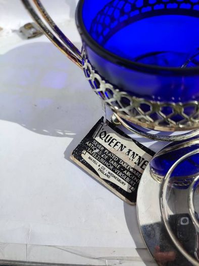 Vintage 1980s Art Deco Chrome & Cobalt Blue Glass Jam Jar