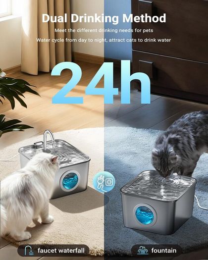 Cat Water Fountain for Drinking: 2.6L Stainless Steel Cat Water Fountain, Multiple Filtration Pet Water Fountain, Built-In Led, Ultra Silent with 6 Sponges and 6 Filter