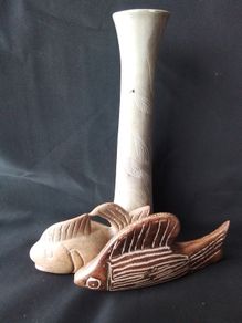 Two Stone Carved  Fish & a Stone Carved Bud Vase