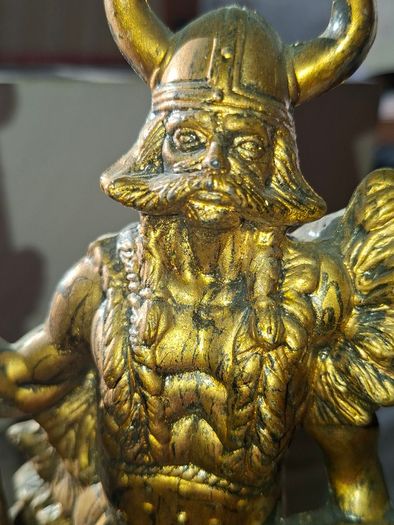 Large Vintage Toy Large Viking Warrior Statue, with a Horned Helmet, a round Shield, and a Spear