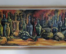 Original oil painting of bottles and jugs - framed