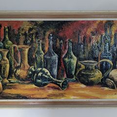 Original oil painting of bottles and jugs - framed