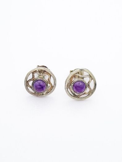 Vintage 925 Syerling Silver Purple Chalcedony Stud Earrings