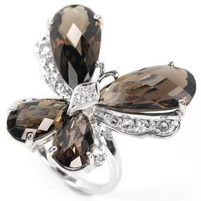 Smoky quartz & topaz silver Butterfly ring