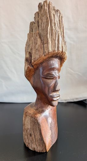 African Burl Wood Head Hand Carved Woman Bust Zambia Style 28cm