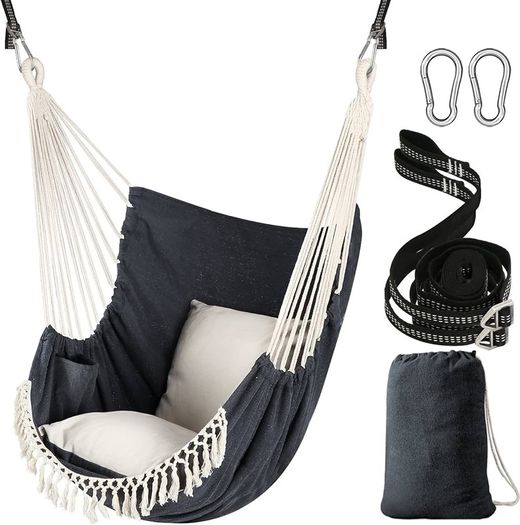 NEW SALE | Hammock Chair Hanging Swing 2 Seat Cushions Included,Strong Webbing Straps and Hooks for Easy Hanging Soft Cotton Weave Hanging Chair Side Pocket Large Tassel Chair Set Comfort Indoor Outdoor